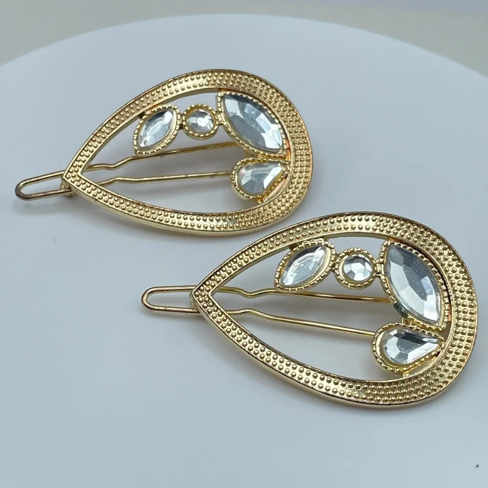 Vintage 80s Teardrop Hair Clips Set Gold & Silver Tone Rhinestone Bobby Pins Y2K